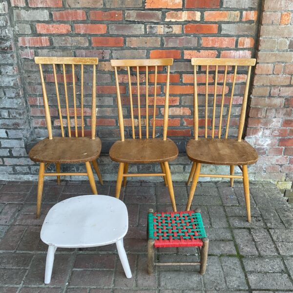 Vintage Ercol Gold Label chairs and stool in beechwood.