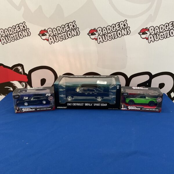 GreenLight Fast & Furious diecast models including Impala, Charger, and Challenger.
