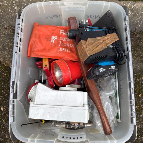 Ferrex cordless drill set in a mixed lot of shed clearance items.