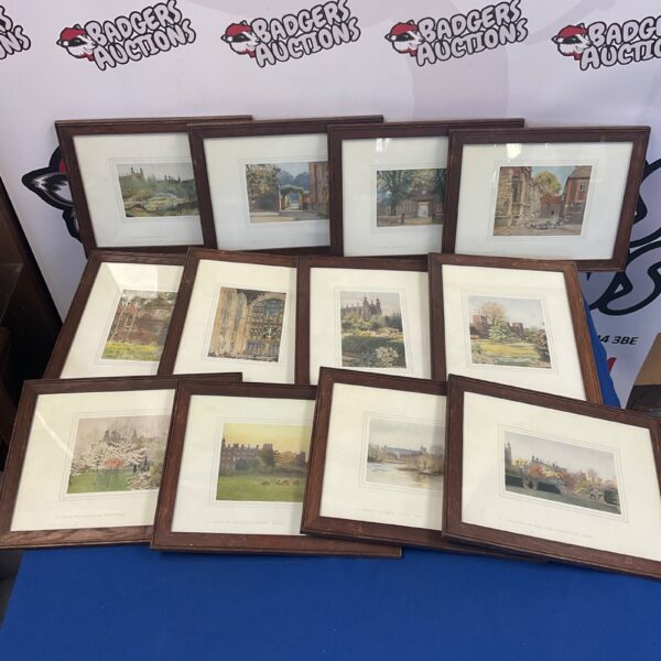 Collection of vintage framed prints including Eaton College and Windsor Castle.