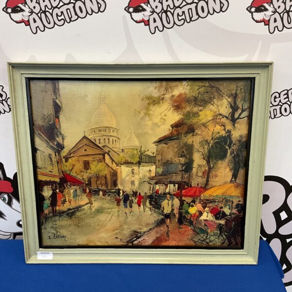 Vintage French street scene painting by F claver, vibrant city art.