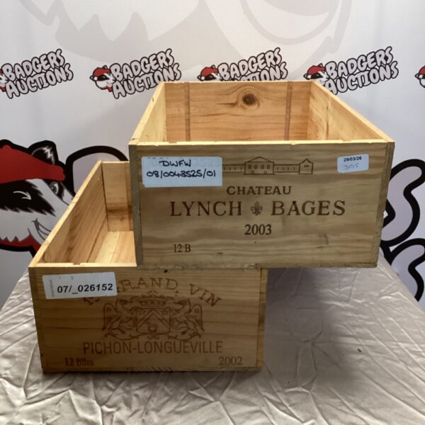 Vintage French wine crates for Chateau Lynch Bages and Pichon Longueville.