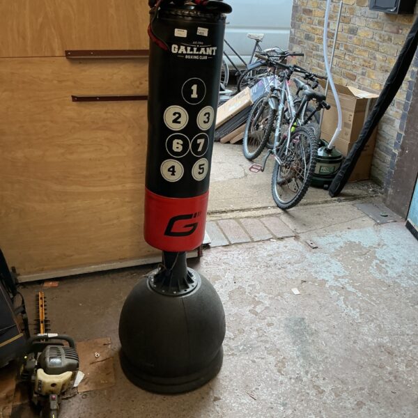 Gallant punch bag with boxing gloves in a home gym setting.
