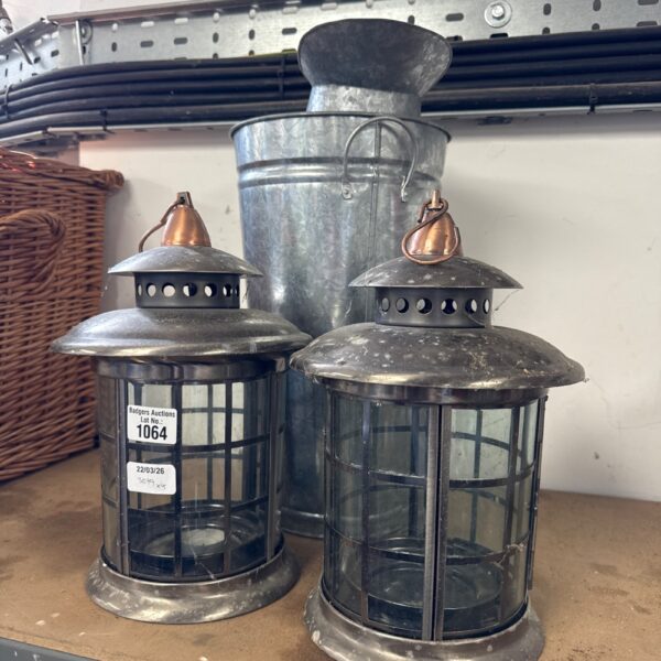 Pair of vintage galvanised lanterns with clear glass panels.
