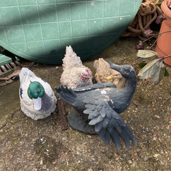 Vintage garden bird figurines collection for outdoor display.