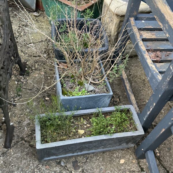 Three rectangular metal garden pots with live plants in a garden setting.