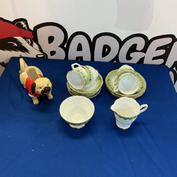 Vintage Gladstone China tea set with dog vase.