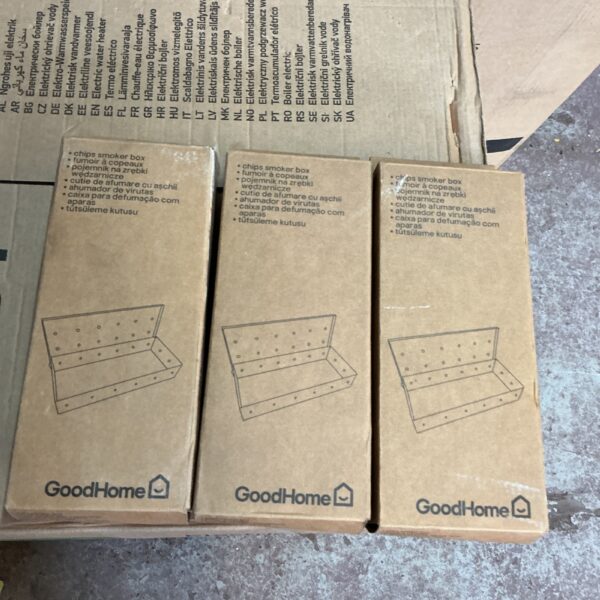 Lot of three Goodhome BBQ chip smokers for outdoor cooking.