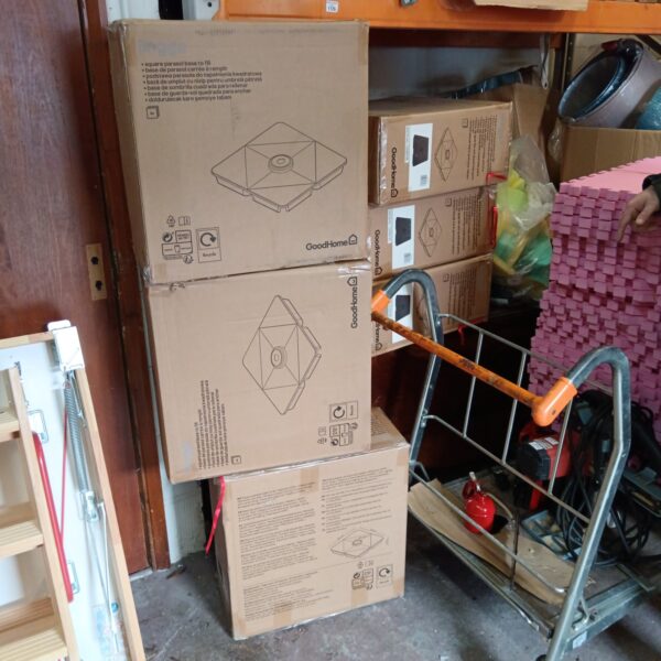 Lot of seven new Goodhome Lingga square parasol bases in packaging.