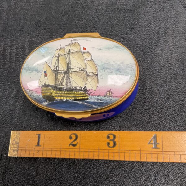 Halcyon Days HMS Victory enamel trinket pot, detailed nautical collectable.