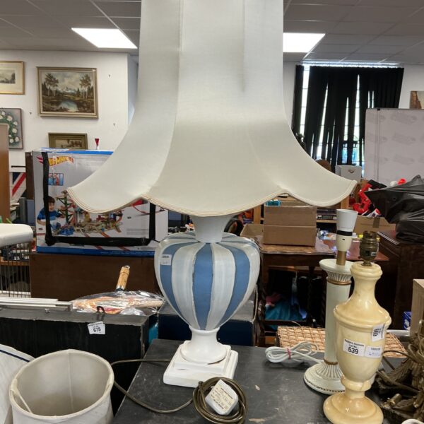 Vintage handpainted table lamp with ceramic base and white shade.