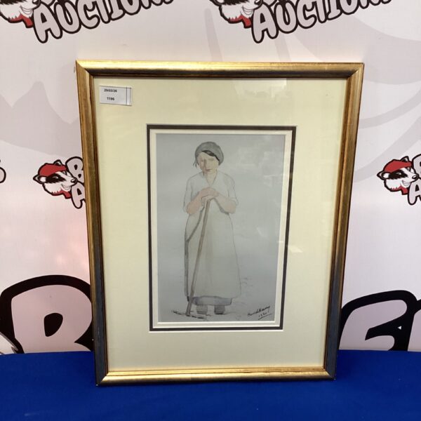 Vintage Harold Harvey print of a lady with a rake in a rural setting.