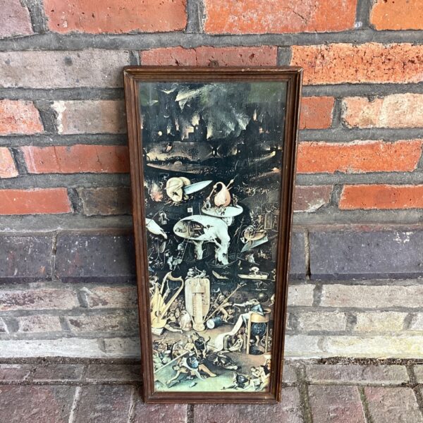 Vintage framed print of Hieronymus Bosch’s Garden of Earthly Delights artwork.