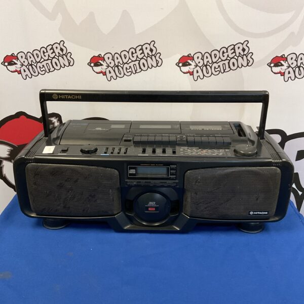 Vintage Hitachi boombox with cassette and CD player.