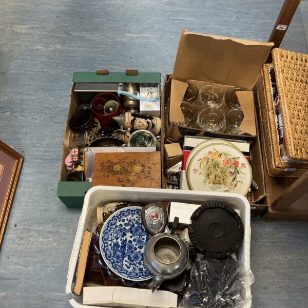 Mixed house clearance lot with glassware, cutlery, and vintage items.