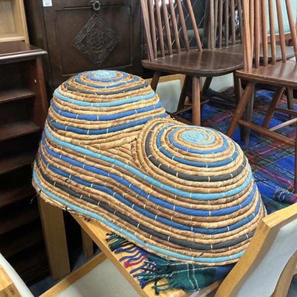 Vintage IKEA Art Bazar woven stool with blue detailing.