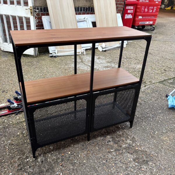 IKEA FJÄLLBO shelving unit with metal frame and wooden shelves.