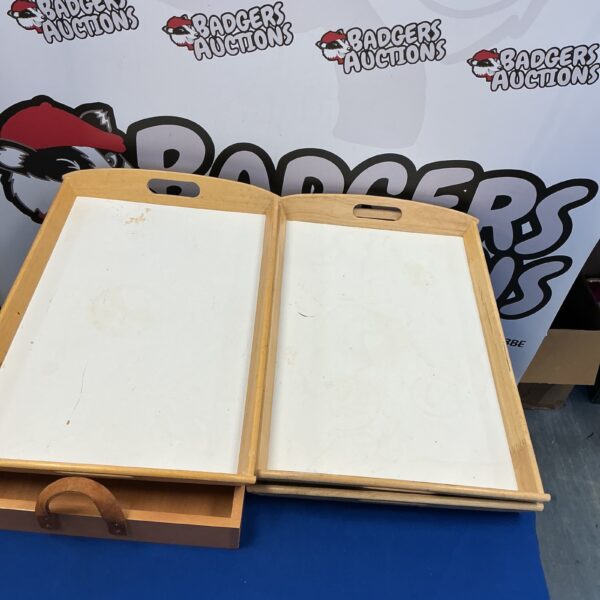 Lot of four Ikea wooden trays for serving or display.
