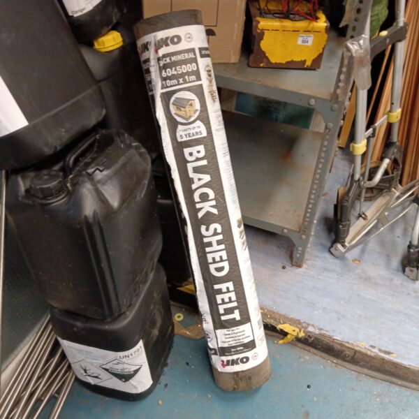 Black IKO shed felt roll, model 604500, for garden roofing.