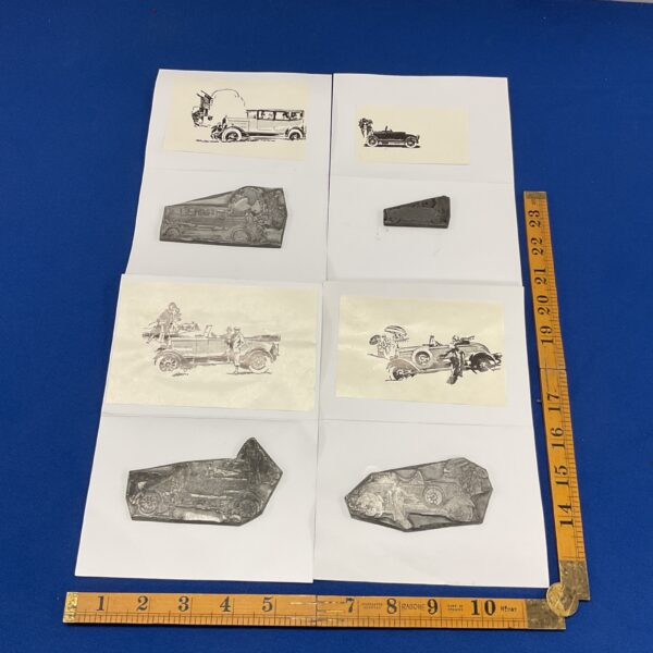 Four metal printing plates of vintage and veteran cars inc bull nose morris