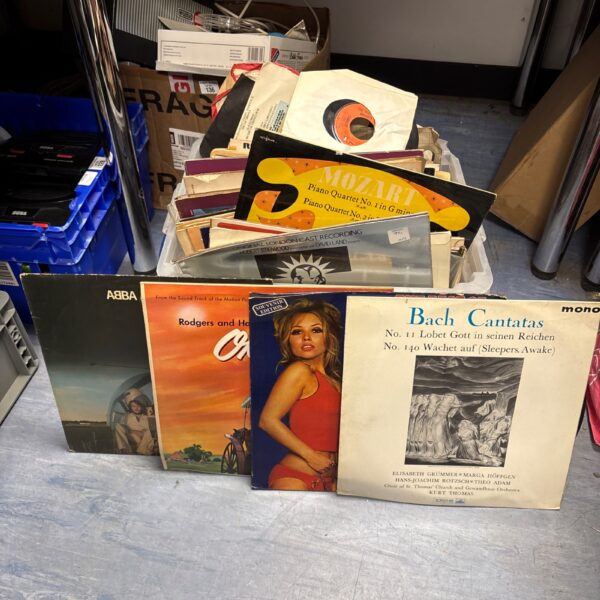 Box of mixed vinyl records, including abba