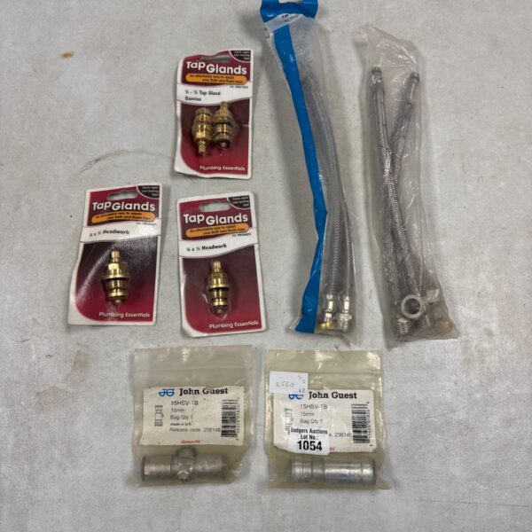 Two John guest speedfit 15mm isolation valves with selection of plumbing items