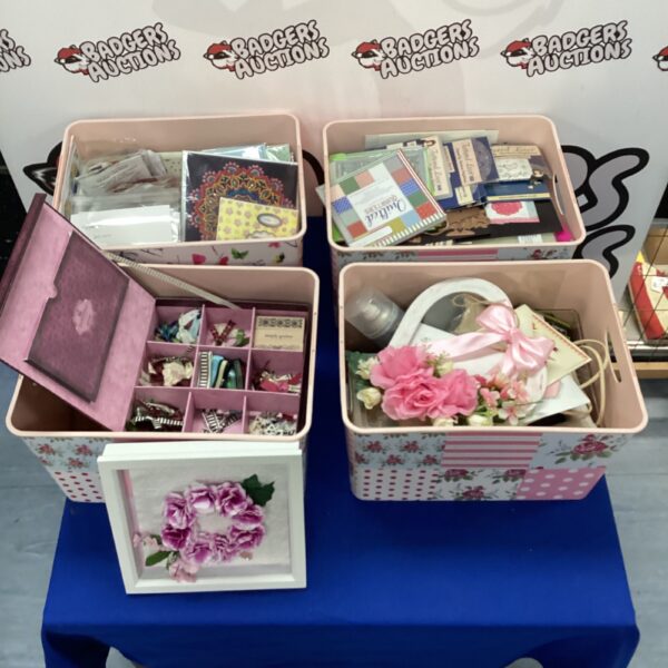 Four boxes of mixed craft items, including Santoro London crafting box and tattered lace