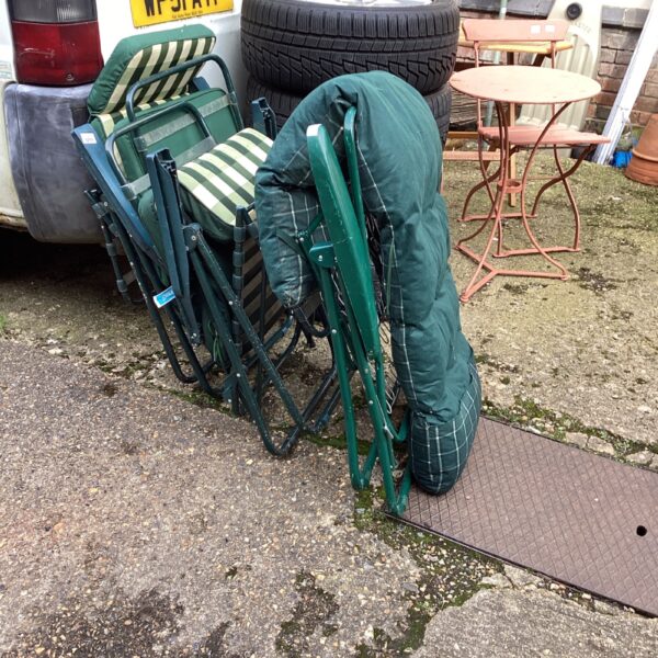 Two folding garden deck chairs with cushions & sun lounger with cushion
