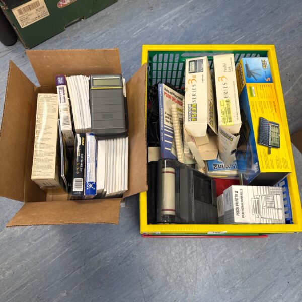 Two boxes of Psion computers, accessories, printer & other items