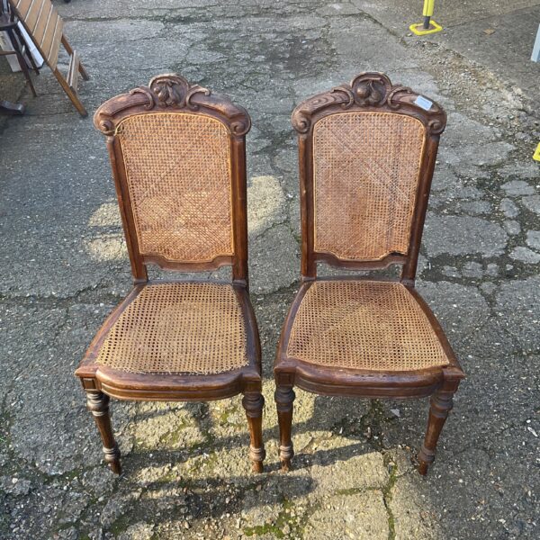 Pair of Antique French Walnut Rattan Seated Chairs