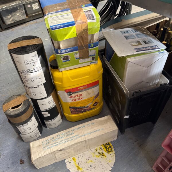 Job lot of builders items inc 9 rolls of 100mm x 30m damp proof course, 500mm x 100m blue window film, 25l drum of everbuild 201 premium mortar mix & selection of assorted access panels inc gyproc profilex