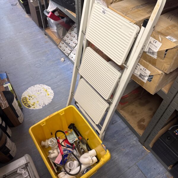 Metal 3 step folding ladder with box of shed clearance items inc plumbing fittings