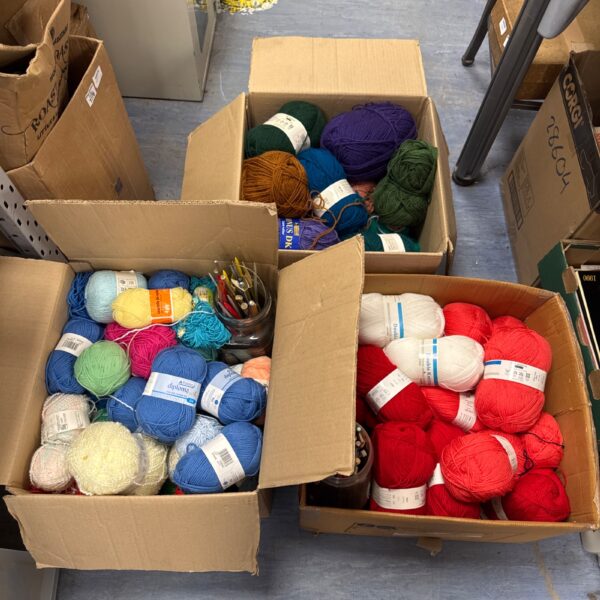 Three large boxes of knitting wool with selection of needles & accessories