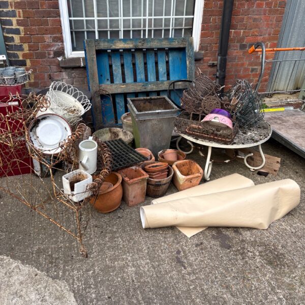 Job lot of garden clearance items including terracotta and concrete planters