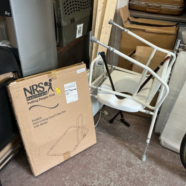 Mobility Toilet riser and hand rail with two walking sticks plus bed rail