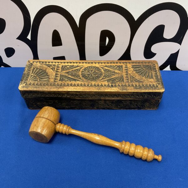 Antique Indian carved wooden box and gavel set, detailed craftsmanship.
