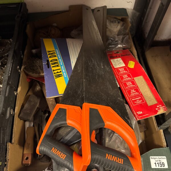 Tray of assorted Irwin saws and hand tools for DIY projects.