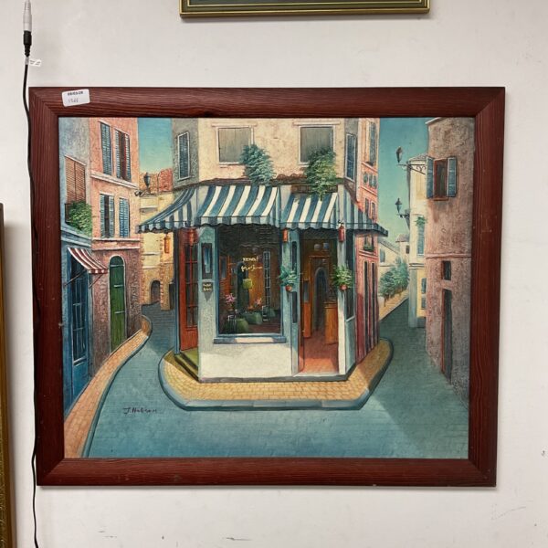 Signed J Hobson painting of a continental cafe street scene.