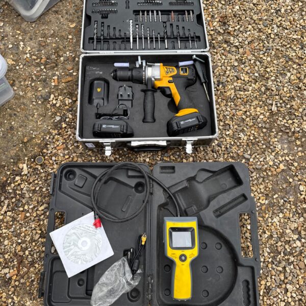JCB cordless drill set with mechanics endoscope in carrying case.