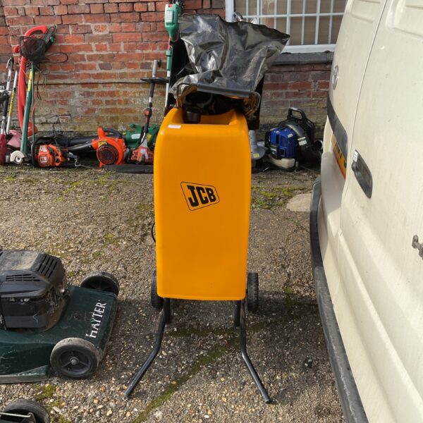 Yellow JCB garden chipper for reducing garden waste.