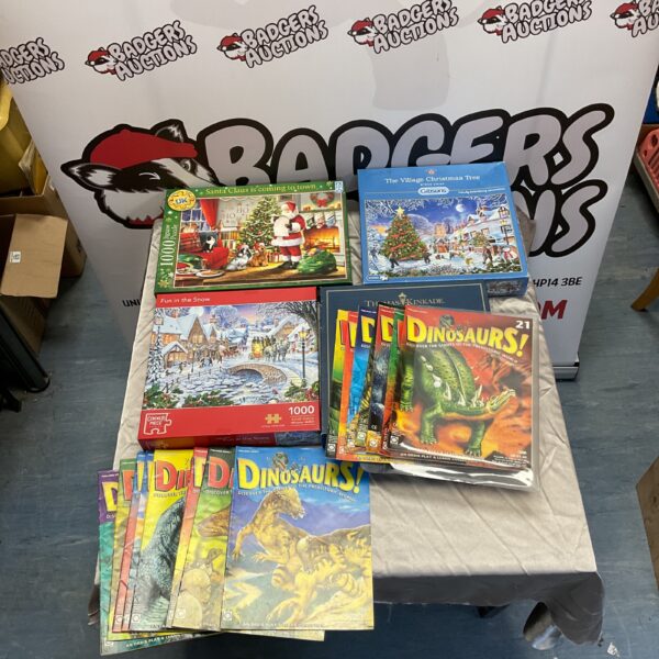 Jigsaw puzzles and a stack of Dinosaurs! magazines in a lot.