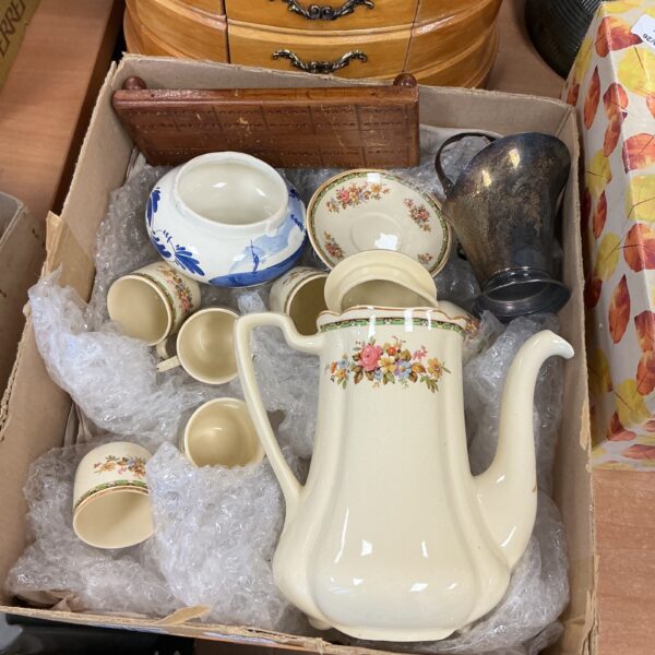 Vintage Johnson Bros coffee set with floral design and ceramic coffee pot.