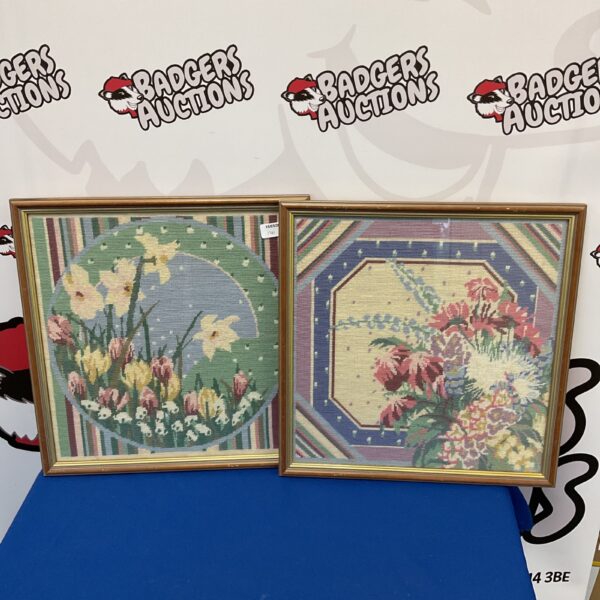 Vintage Julia A Court tapestries depicting spring and summer flowers.