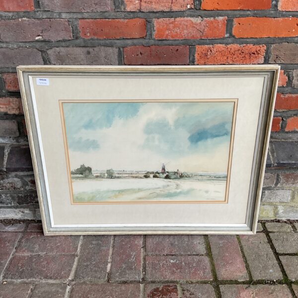 Signed Keith Johnson watercolour painting of a country windmill scene.