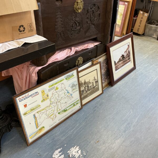 Framed vintage photographs and map of Kilkhampton, Cornwall.
