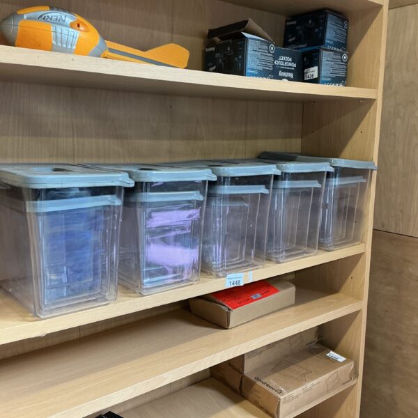 Clear plastic kitchen storage container sets for pantry organisation.