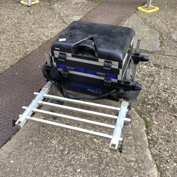 Koala fishing tackle box on a wheeled frame, angling equipment.