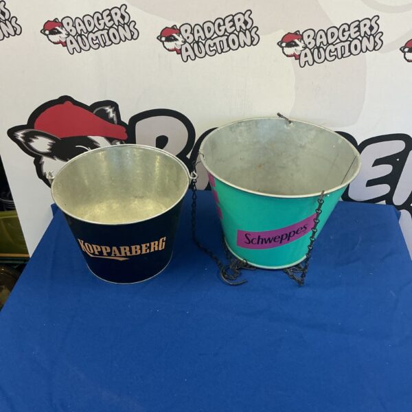 Vintage Kopparberg and Schweppes buckets for collectors.