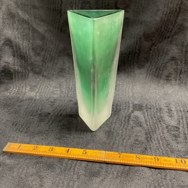 Vintage Krosno green frosted glass triangular vase for display.
