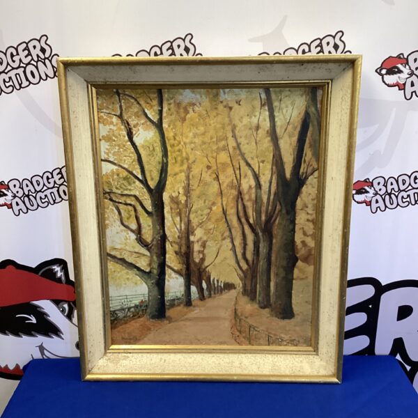 Vintage L Rookard oil painting of a tree-lined path landscape.